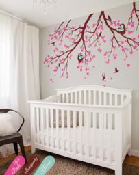 Nursery Tree Branches Wall Decals With Owls & Flying Birds White Decorations Wall Tattoos Stickers Art Kw009 - thumbnail 1