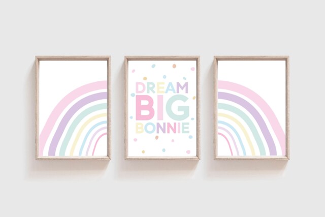 Set Of 3 Girls Nursery Prints, Rainbow, Dream Big, Personalised, Bedroom Decor, Playroom, Wall Art, Colour - image 1