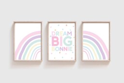 Set Of 3 Girls Nursery Prints, Rainbow, Dream Big, Personalised, Bedroom Decor, Playroom, Wall Art, Colour - thumbnail 1