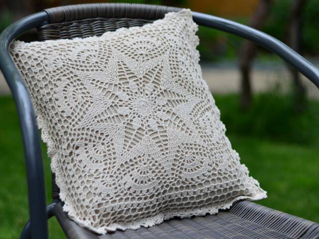 Crochet Lace Pillow Cover Bohemian Farmhouse Decor, 16x16 - image 1