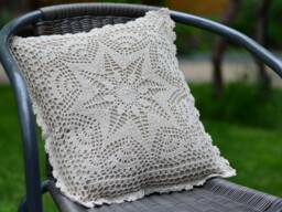 Crochet Lace Pillow Cover Bohemian Farmhouse Decor, 16x16 - thumbnail 1