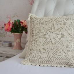 Crochet Lace Pillow Cover Bohemian Farmhouse Decor, 16x16 - thumbnail 4