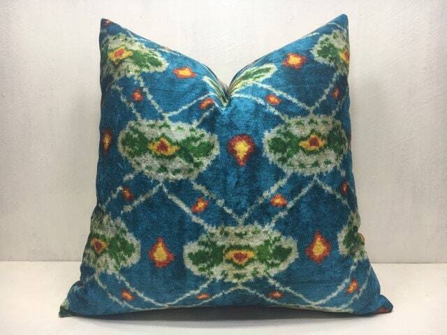 Handwoven Silk Ikat Pillow Cover, Teal Accent - 20x20 - image 1