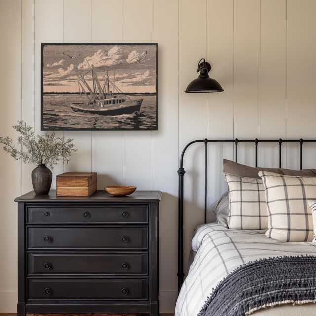 Shrimp Boat Wall Art - Coastal Inspired Engraved Wood Lithograph Illustration, Large Art, Wooden Framed Alabama Gulf Landscape Painting - image 1