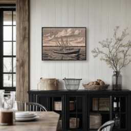 Shrimp Boat Wall Art - Coastal Inspired Engraved Wood Lithograph Illustration, Large Art, Wooden Framed Alabama Gulf Landscape Painting - thumbnail 4
