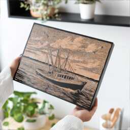 Shrimp Boat Wall Art - Coastal Inspired Engraved Wood Lithograph Illustration, Large Art, Wooden Framed Alabama Gulf Landscape Painting - thumbnail 2