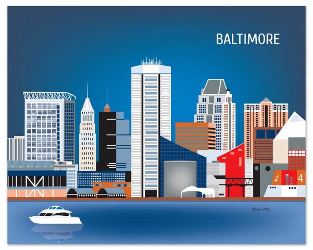 Baltimore Art, Map, Skyline Poster, Maryland Md, Oriels City Art Loose Petals - Style E8-O-Bal - image 1
