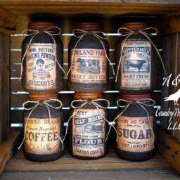 Set Of 6 Primitive Farmhouse Grubby Pantry Jars, Country Home & Kitchen Decor, Jars - thumbnail 2