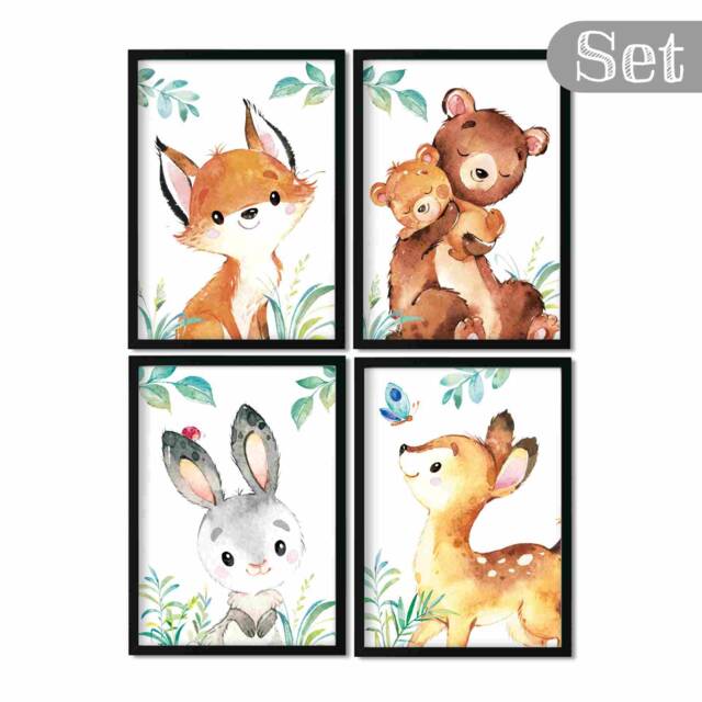 A4/A3, Baby Room Pictures, Posters For Children's Rooms, Decoration - Forest Animals Set Of 4, Girl, Boy, Rabbit, Fox - image 1