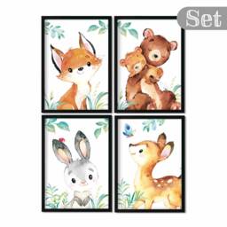 A4/A3, Baby Room Pictures, Posters For Children's Rooms, Decoration - Forest Animals Set Of 4, Girl, Boy, Rabbit, Fox - thumbnail 1