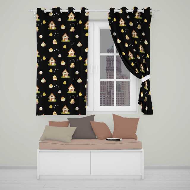 Cute Baby Chick Hen Coop Farm Black Background Seamless Pattern Readymade Eyelet Ring Top Thermal 100% Blackout Curtains - image 1