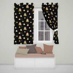 Cute Baby Chick Hen Coop Farm Black Background Seamless Pattern Readymade Eyelet Ring Top Thermal 100% Blackout Curtains