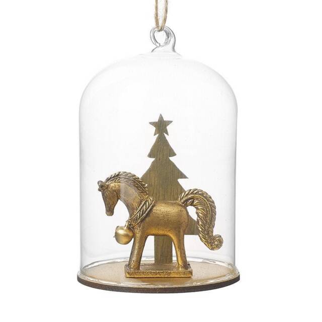 Gold Regal Pony in Glass Dome Christmas Tree Decoration - Festive Winter Opulent Glitz Glam Classy Horse Riding Gift