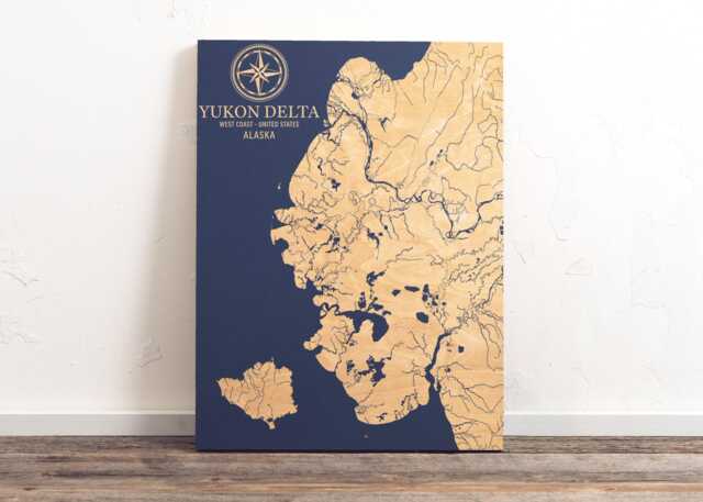 Yukon Delta, Alaska Map - Engraved Wood Coastal Art Sign, Beach House Decor Wall Hanging, Nautical Print, Unique Personalized Family Gift - image 1