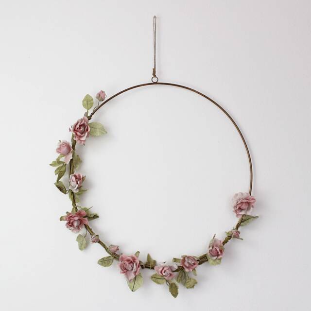 Faux Pink Rose Garland Wreath 3 Sizes // Floral Brass Hoop - image 1