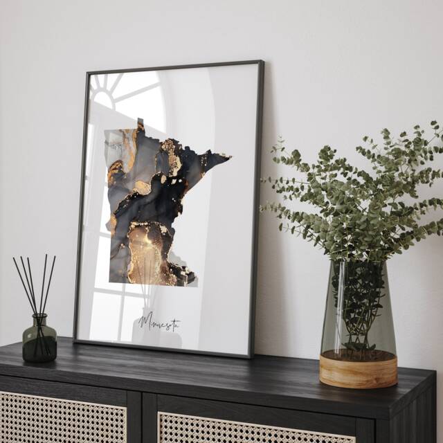 Minnesota Map Black & Gold Wall Art Print Us State - Usa United States Of America - image 1