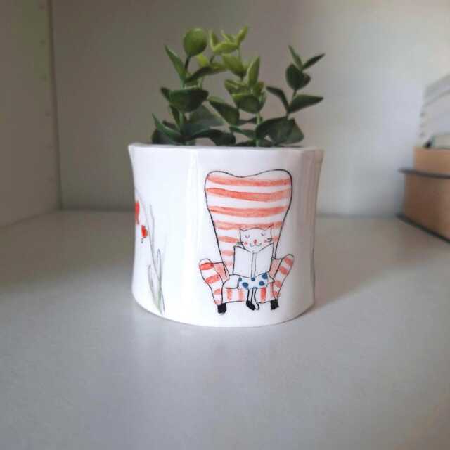 Handmade Ceramic Planter Cat Reading Book, Floral Decor - image 1