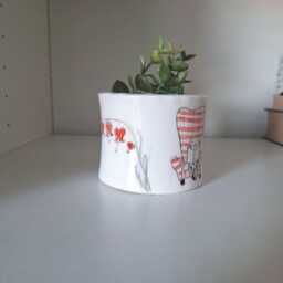 Handmade Ceramic Planter Cat Reading Book, Floral Decor - thumbnail 2