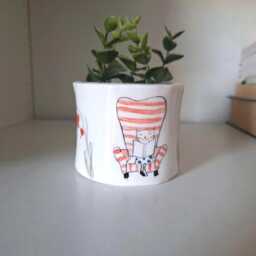 Handmade Ceramic Planter Cat Reading Book, Floral Decor - thumbnail 1