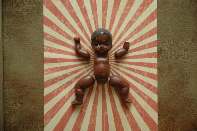Antique African Americana Baby Doll Body Parts Repurposed Altered Art 3D Wall Hanging Decor - Red Rising Sun Rustic Kitsch Macabre Oddity - image 1