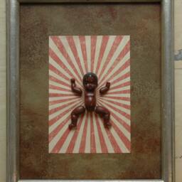 Antique African Americana Baby Doll Body Parts Repurposed Altered Art 3D Wall Hanging Decor - Red Rising Sun Rustic Kitsch Macabre Oddity - thumbnail 2