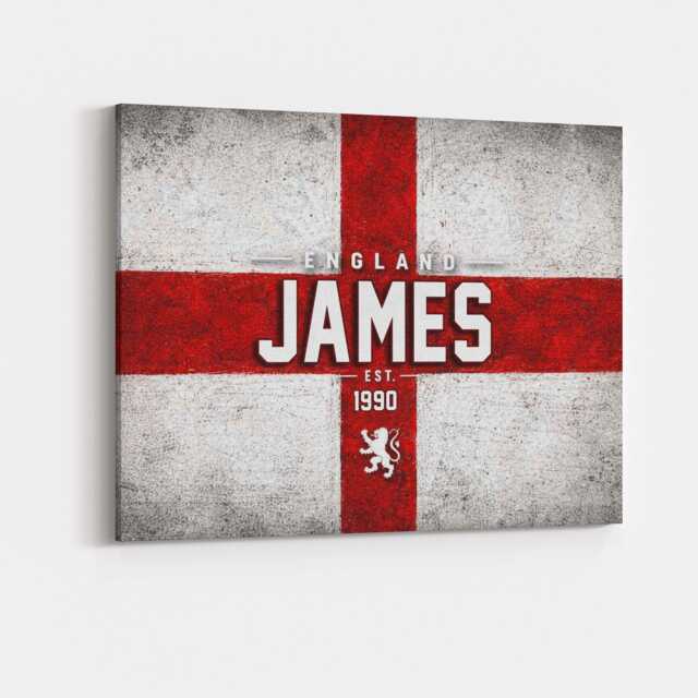 Personalised Name Year England Flag Canvas Wall Art Three Lions Football Supporter St Georges Cross Sports Fan Bedroom Decor Gift Print - image 1