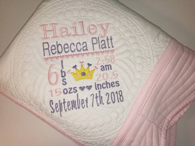Personalized Baby Girl Princess Crown Birth Statistic Announcement Keepsake Quilt Blanket - image 1