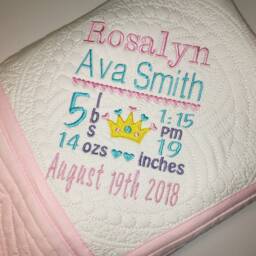 Personalized Baby Girl Princess Crown Birth Statistic Announcement Keepsake Quilt Blanket - thumbnail 2