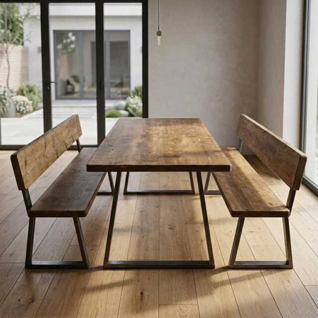 Rustic Industrial Handmade Dining Table With 2 Benches Backs - image 1
