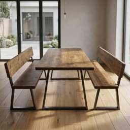 Rustic Industrial Handmade Dining Table With 2 Benches Backs - thumbnail 1
