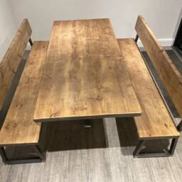 Rustic Industrial Handmade Dining Table With 2 Benches Backs - thumbnail 2