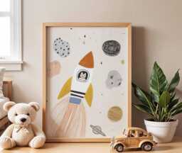 Rocket Cat Nursery Poster, Space Wall Art For Kids, Baby Room Print, Astronaut Illustration, Playroom Decor - thumbnail 1