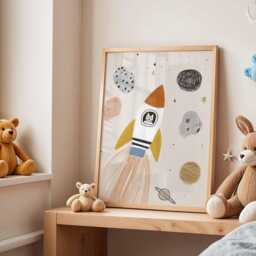 Rocket Cat Nursery Poster, Space Wall Art For Kids, Baby Room Print, Astronaut Illustration, Playroom Decor - thumbnail 3