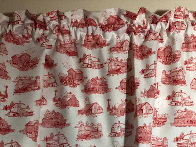 Toile Red Barns On White Kitchen Valance ~ 41 42 Inches Wide Ready To Ship - image 1