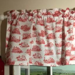 Toile Red Barns On White Kitchen Valance ~ 41 42 Inches Wide Ready To Ship - thumbnail 2