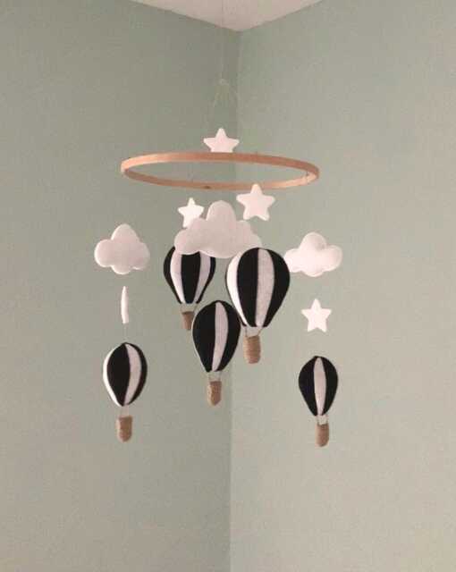 Hot Air Balloon Nursery Mobile Hanger Felt Black White Clouds Stars Crib Hanging Decoration - image 1