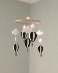 Hot Air Balloon Nursery Mobile Hanger Felt Black White Clouds Stars Crib Hanging Decoration
