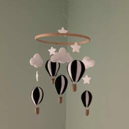 Hot Air Balloon Nursery Mobile Hanger Felt Black White Clouds Stars Crib Hanging Decoration - thumbnail 3