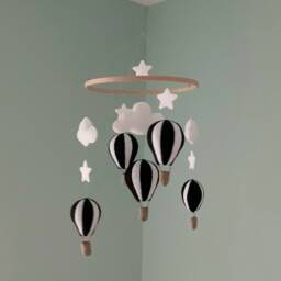 Hot Air Balloon Nursery Mobile Hanger Felt Black White Clouds Stars Crib Hanging Decoration - thumbnail 2