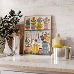 Colorful Kitchen Wall Art, Decor, Floral Poster, Boho Scandinavian Shelf Poster With Utensils & Flowers - thumbnail 2