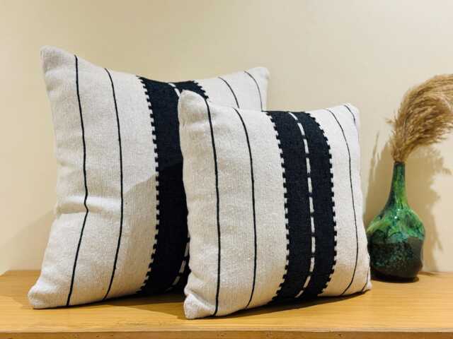 Handmade Moroccan Cotton Pillow Cover, Black & White Stripe, Boho Throw - image 1