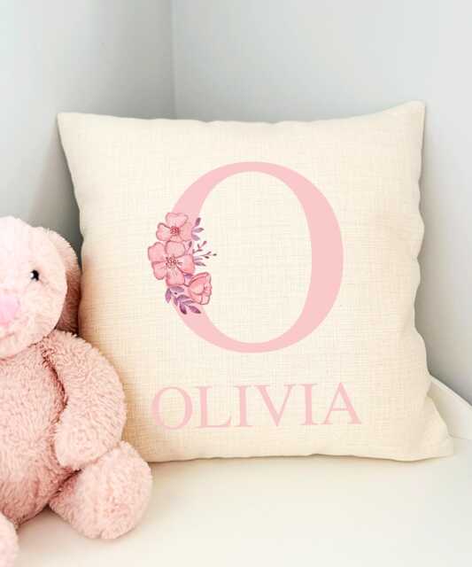 Floral Baby Name Cushion, Personalised Cushion Cover, Girls Bedroom, Pink Flower Nursery Accessories, Girl Gift - image 1