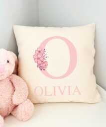 Floral Baby Name Cushion, Personalised Cushion Cover, Girls Bedroom, Pink Flower Nursery Accessories, Girl Gift - thumbnail 1