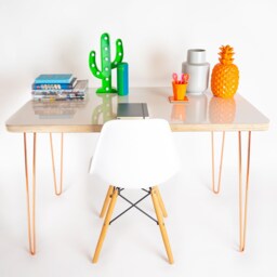 Bespoke Mid Century Modern Plywood Desk in White Gloss On Hairpin Legs - thumbnail 3
