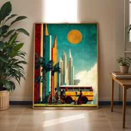 Urban Art Print Skyscrapers & Bus, Teal Orange Geometric Poster - Poster Only - thumbnail 2