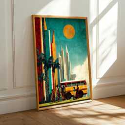 Urban Art Print Skyscrapers & Bus, Teal Orange Geometric Poster - Poster Only - thumbnail 1