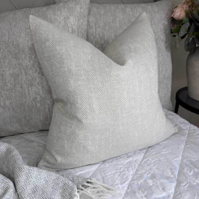 Herringbone Cushion Cover, Ivory Grey Woven Pillow Cover For Sofa Bed -Furnishing Durable Designer Fabric Worldwide Shipping - Double Sided - image 1