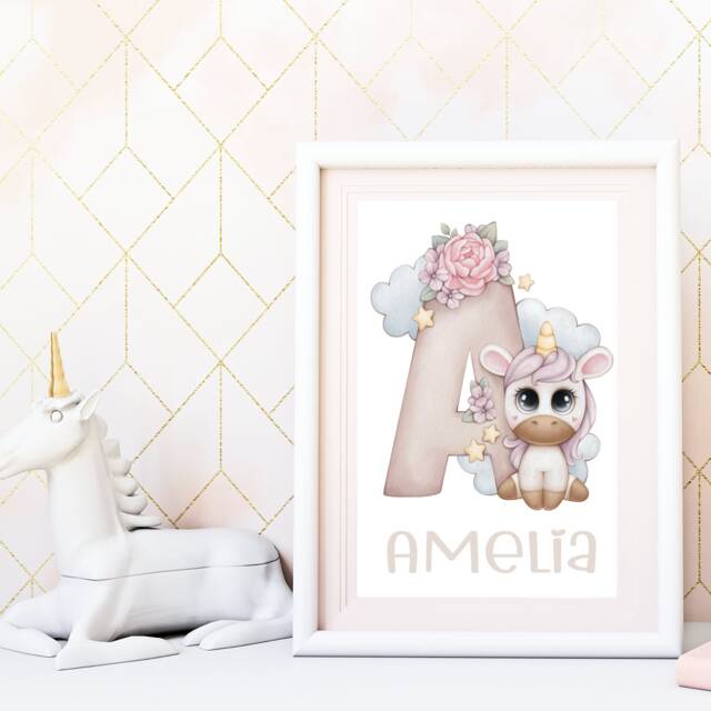 Unicorn Alphabet Personalised Print, Bedroom Decor, Nursery Wall Gift For Girls, Cute Poster Little Girl - image 1