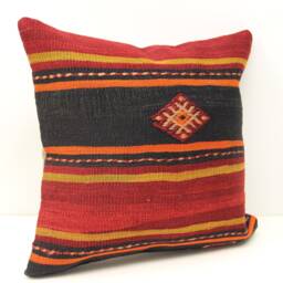 Handmade Turkish Kilim Pillow Cover, Boho Home Decor - 16x16 Inch - thumbnail 2