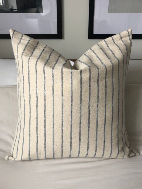 Blue Striped Pillow Cover, Farmhouse Cotton Cushion, Boho Decor - image 1
